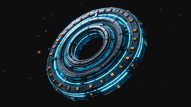 A detailed futuristic ring-shaped sci-fi structure with glowing blue elements floats in deep dark space, surrounded by tiny space particles.