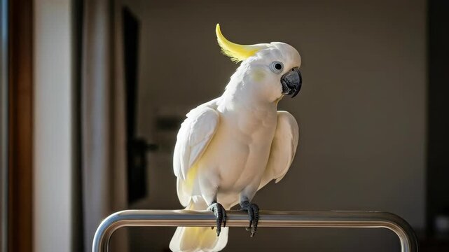Majestic white cockatoo with wings spread wide, perched indoors in soft light.