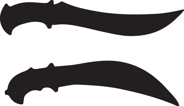 Silhouette of two curved kukri knives