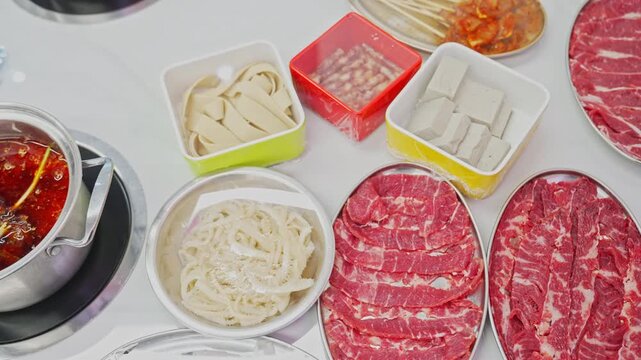 Overhead view of raw ingredients for Chinese hot pot