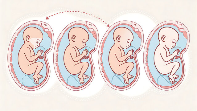 Fetal development stages illustration showing embryo growth inside uterus with anatomical details