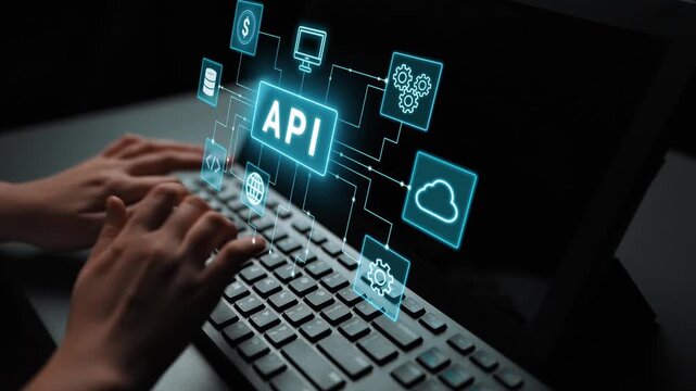 Hands Typing on Keyboard with Visual Representation of API Connectivity and Cloud Technology on Screen for Digital Communication and Integration Concepts. Entropy.