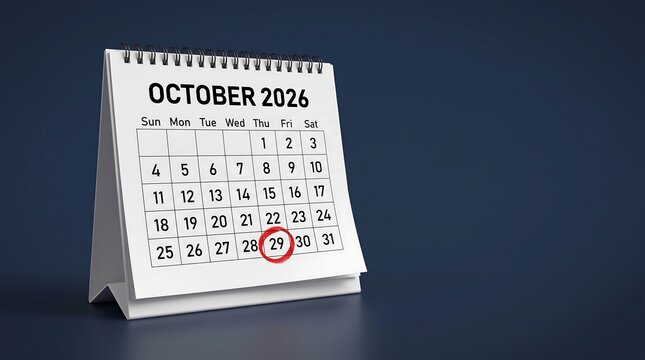 October 2026 calendar with red circle on day 29, white spiral desk calendar on dark blue background, monthly planner for business scheduling, deadline reminder and appointment organizer