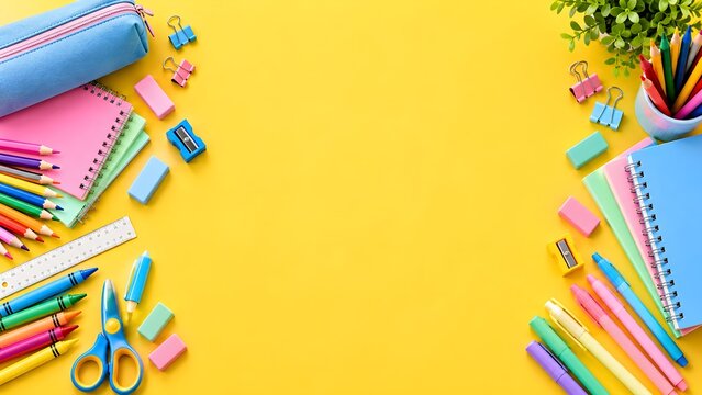 Colorful children's school supplies arranged on a bright yellow background with clean copy space. Cheerful back to school flat lay featuring notebooks, pencils, crayons and stationery for educational 
