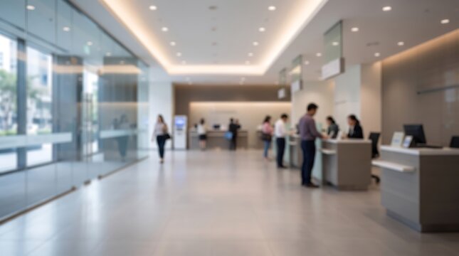 Blurred interior view of modern corporate office lobby with busy professionals walking and standing at reception desk representing professional atmosphere and commercial business environment