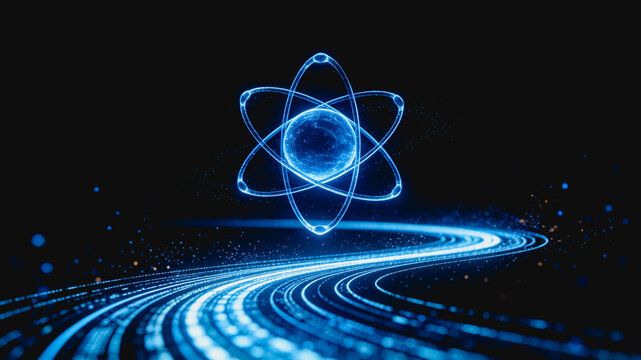 A glowing atomic model with orbiting electrons, paired with a curving digital particle path, representing modern scientific and technological concepts.