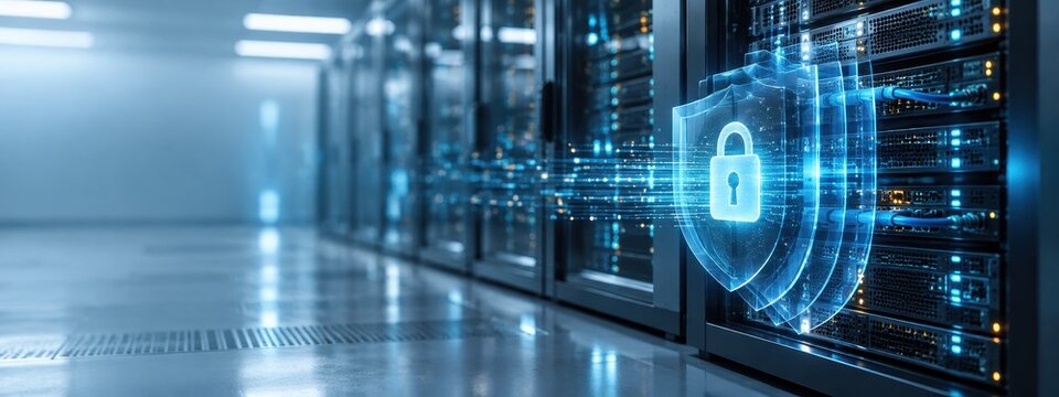 secure server room with a digital shield