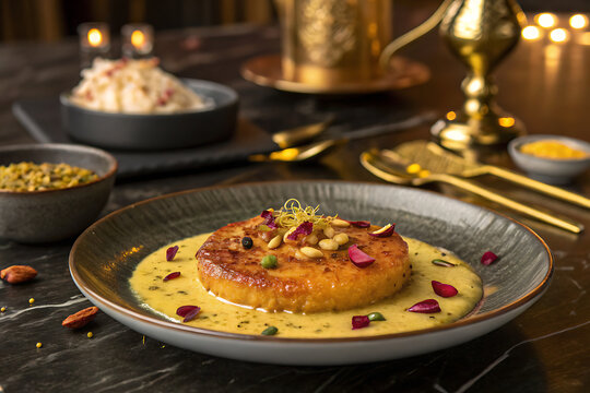 Malpua with saffron rabri elegantly plated in a modern Indian restaurant, caramelized golden pancake texture, pistachio crumbs, rose petals and edible gold accents, dark marble table, warm ambient lig