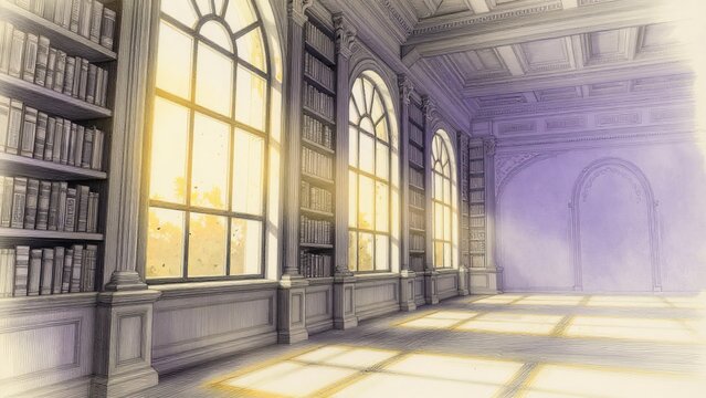 Serene Interior of a Grand Library with Soft Sunlight Streaming In