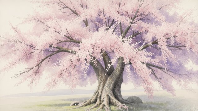 Elegant Cherry Blossom Tree with Soft Pink Flowers in Spring Light