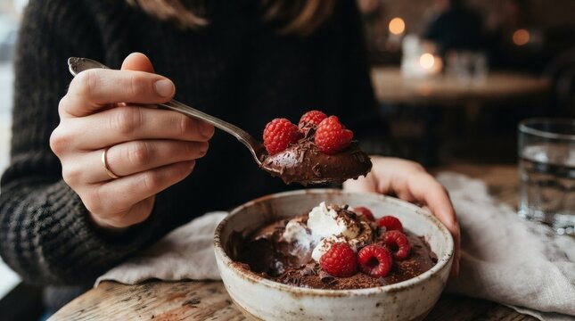 Person eating rich chocolate mousse dessert with fresh raspberries and cream