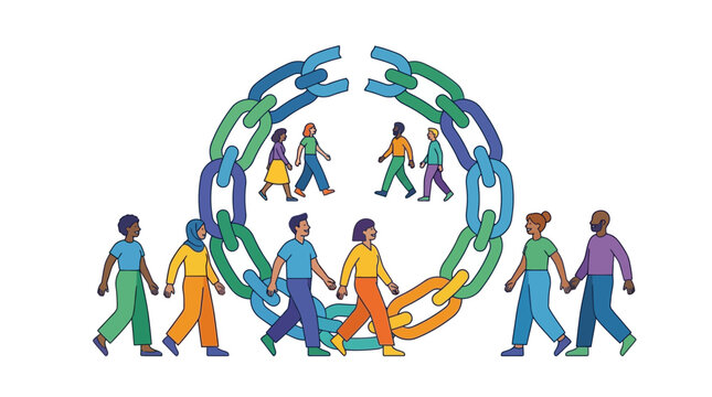 Diverse People Holding Hands Form Circle Around Interlocking Chain Link Symbol, Unity Concept Illustration