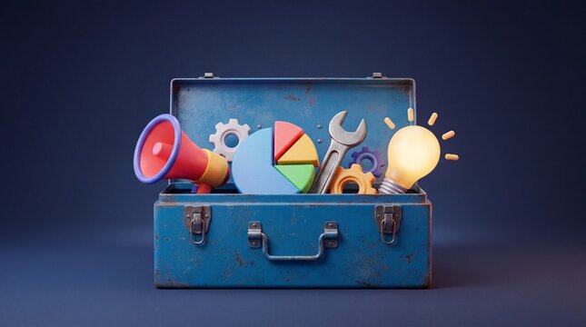 Business toolbox with marketing and strategy tools for success.