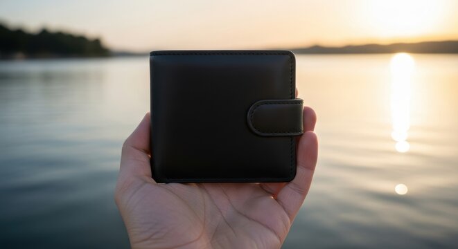 Person holding a black leather wallet at sunset by the lake