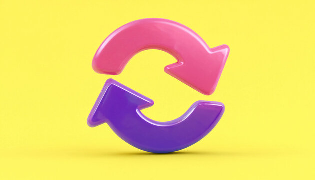 Refresh and reload concept with pink and purple 3D arrows on yellow background symbolizing update and cycle