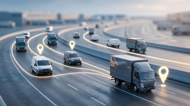 Advanced logistics network showing fleet of delivery vans on highway with digital tracking markers for efficient supply chain management and distribution in a realistic 3d render style