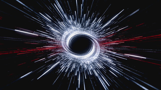 A digital visualization of a rotating black hole surrounded by a luminous accretion disk, with radial light streaks simulating hyperspace travel in deep space.