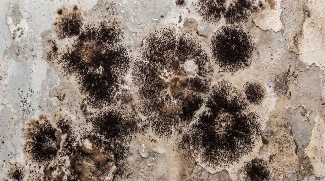 Close-up of black mold growing on a textured wall surface.