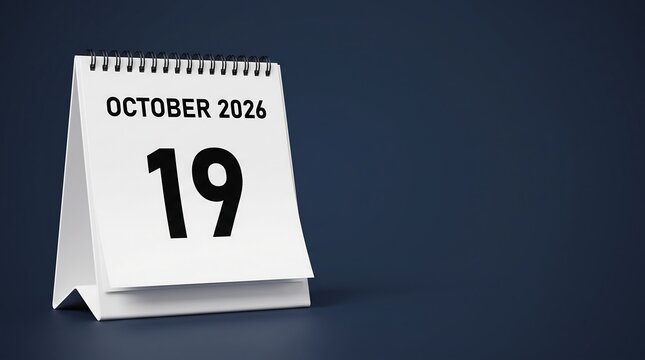 October 19 2026 desk calendar page, white spiral flip calendar showing nineteenth day of the month, minimalist office stationery for schedule planning and deadline management on blue background
