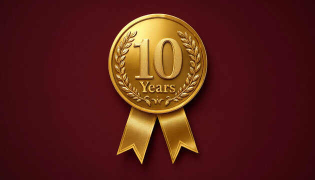 Gold 10 years anniversary badge with laurel wreath and ribbon on deep red background symbolizing achievement and milestone celebration