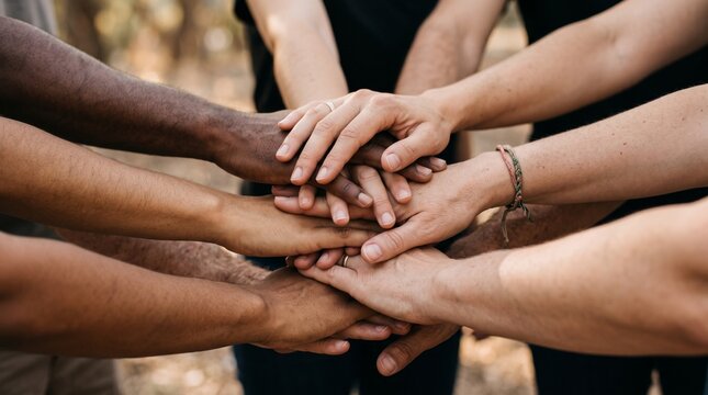 Diverse Hands Stacked Together in Circle of Support