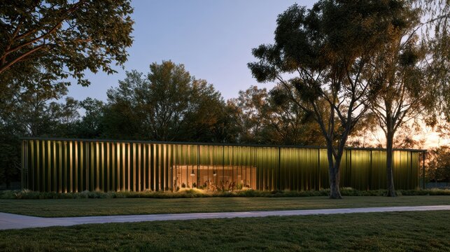 This facility showcases walls with transparent panels filled with algae producing fuel, illuminated by warm green-gold light at dusk.