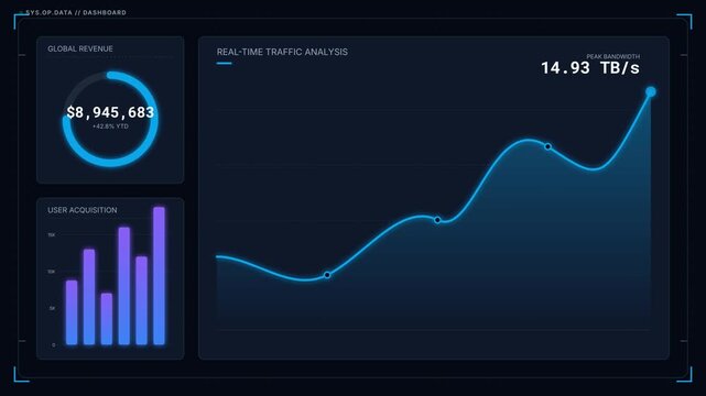 Futuristic corporate HUD featuring animated line graphs, donut charts, and counting numbers. Perfect for business, finance, big data, and tech explainer videos.