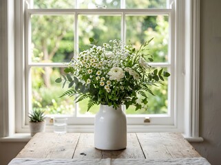 Fototapeta premium Beautiful bouquet of white flowers in a ceramic vase on a rustic wooden table
