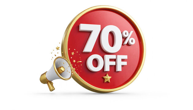 70 percent off sale promotion concept with megaphone and red circular badge on white background