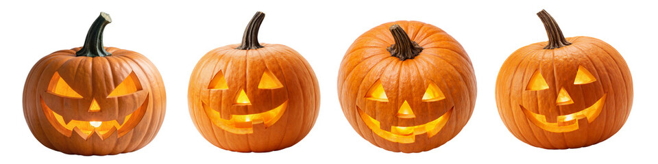 Halloween jack o lanterns row isolated PNG, four smiling carved glowing pumpkins on transparent background, festive autumn holiday elements © Bright Stock