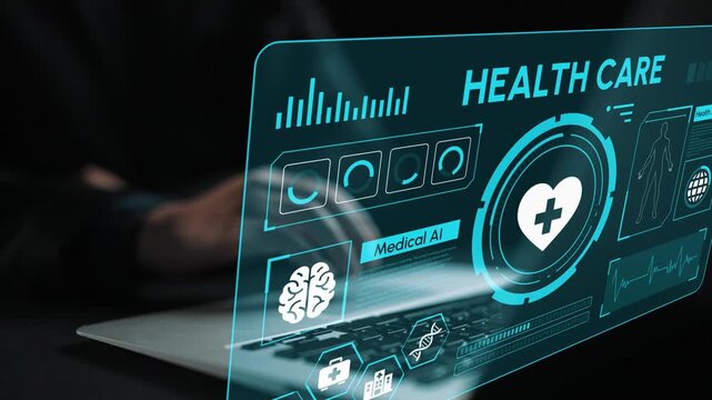Futuristic Health Care Technology Interface Displaying Medical AI Concepts with Digital Elements and User Interaction in a Dark Environment. Entropy.