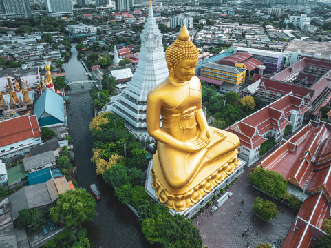 Aerial view of the Big Buddha at Wat Paknam, Bangkok, Thailand
