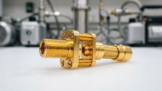 Macro shot of gold plated dilution refrigerator thermal link component