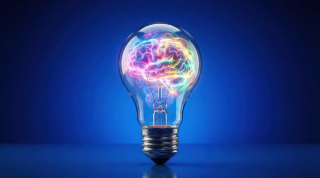 A glowing neon human brain inside a glass light bulb on a blue background