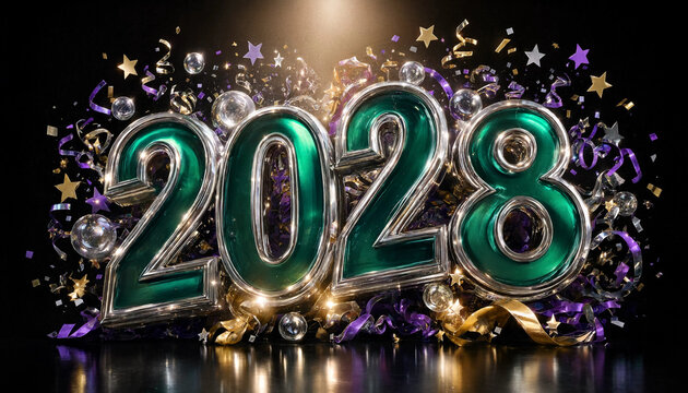 2028 new year celebration concept with shiny green numbers and confetti on dark background