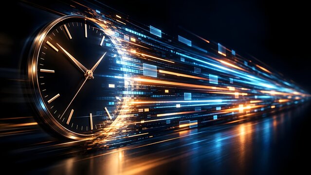 Analog clock face dissolving into digital data pixels and light streaks representing technological transition