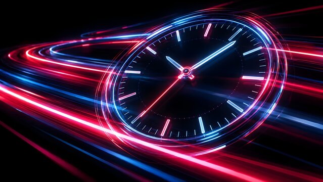 Neon glowing clock face zooming through dark tunnel with high speed light trails representing time travel
