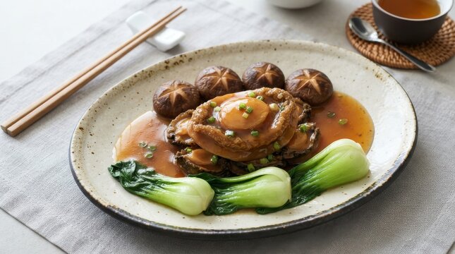 Braised abalone with shiitake mushrooms and bok choy