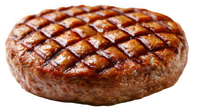 Grilled beef patty with diamond grill marks on white background