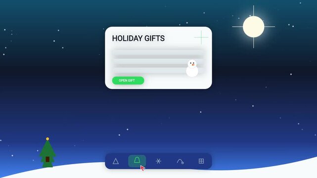 A festive Christmas and New Year mobile application interface animation featuring a interactive snowman gift menu navigation bar on a starry winter night background.