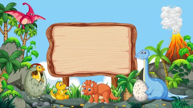 Cartoon Dinosaurs Prehistoric Landscape with Blank Wooden Signboard Animation
