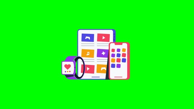 Green screen animation of a tablet, smartphone, and smartwatch. Icons appear, move, and shrink in a 10-second loop.