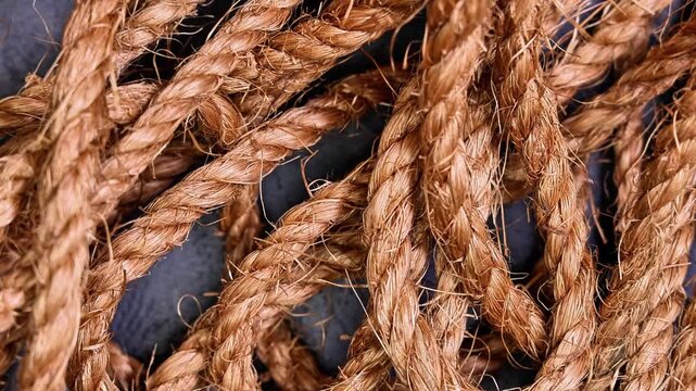 Rustic natural jute fiber twisted rope on dark background rotates moves horizontally landscape 