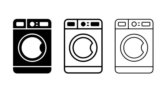 Minimalist washing machine icons set featuring modern laundry appliances in flat style