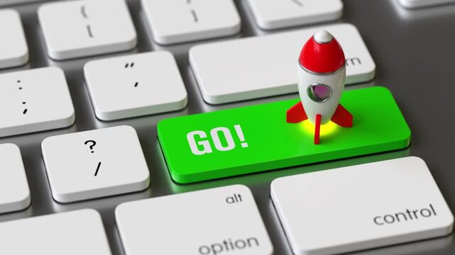 rocket on the keyboard of a latop, 3d rendering,conceptual image. online  success and innovation concepts.