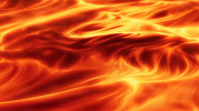 Glowing red and orange abstract currents sweep across frame in layered waves, curling into bright loops and flowing streaks with deep crimson pockets, luminous golden edges, and fluid motion