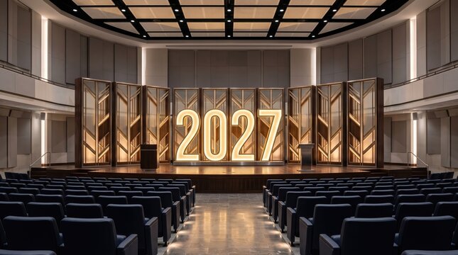 Empty auditorium stage with large illuminated 2027 numbers for a future event or new year celebration
