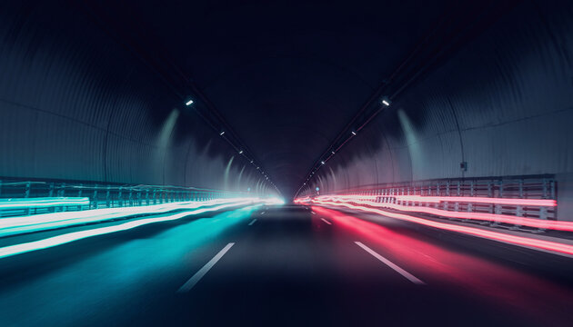 Long exposure light trails of cars moving through a dark tunnel