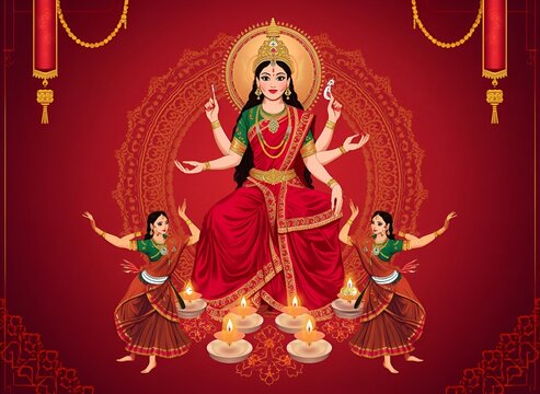 Majestic Goddess Durga seated on lion with four-armed devotees holding oil lamps in vibrant red temple setting