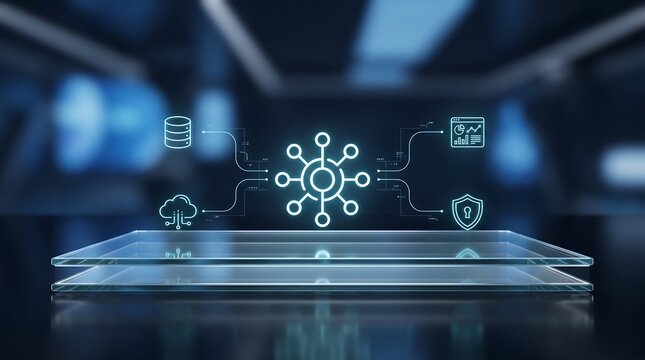 Central network connection icon with surrounding cloud and data server symbols on transparent glass representing complex digital ecosystems and global business connectivity solutions